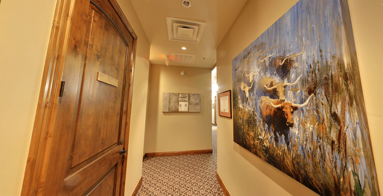 Elegant office hallway at The Cosmetic Dentists of Austin featuring an oil painting of cows.
